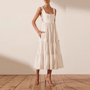 Back desined Tiered Square Cut Long Dress W00368