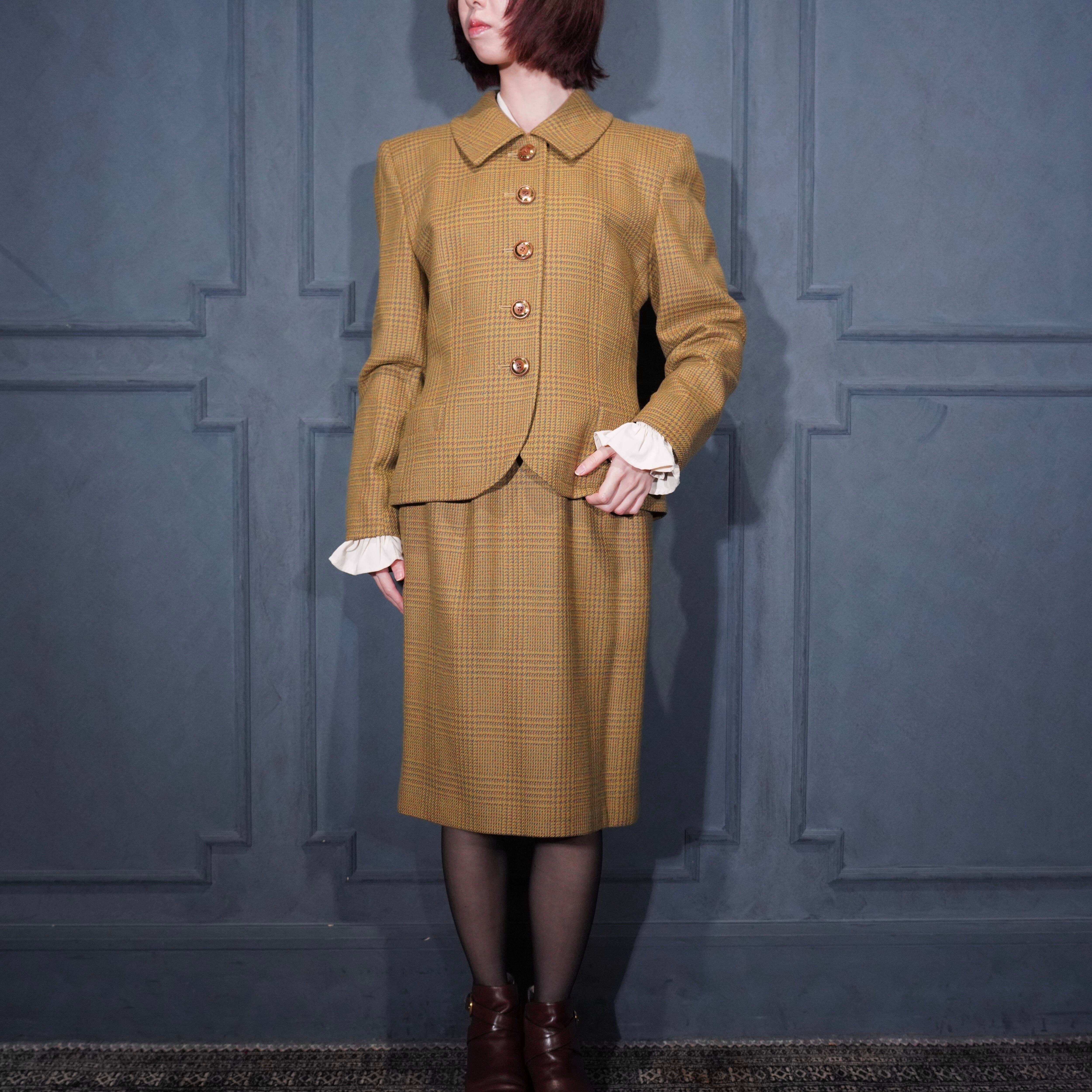 Yves Saint Laurent ヴィンテージ チェック ジャケット金ボタン YVES SAINT LAURENT CHECK PATTERNED WOOL SET UP SKIRT/イヴサン