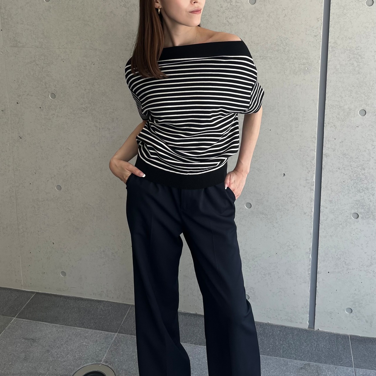 オフショルダーボーダーニット［50029］　