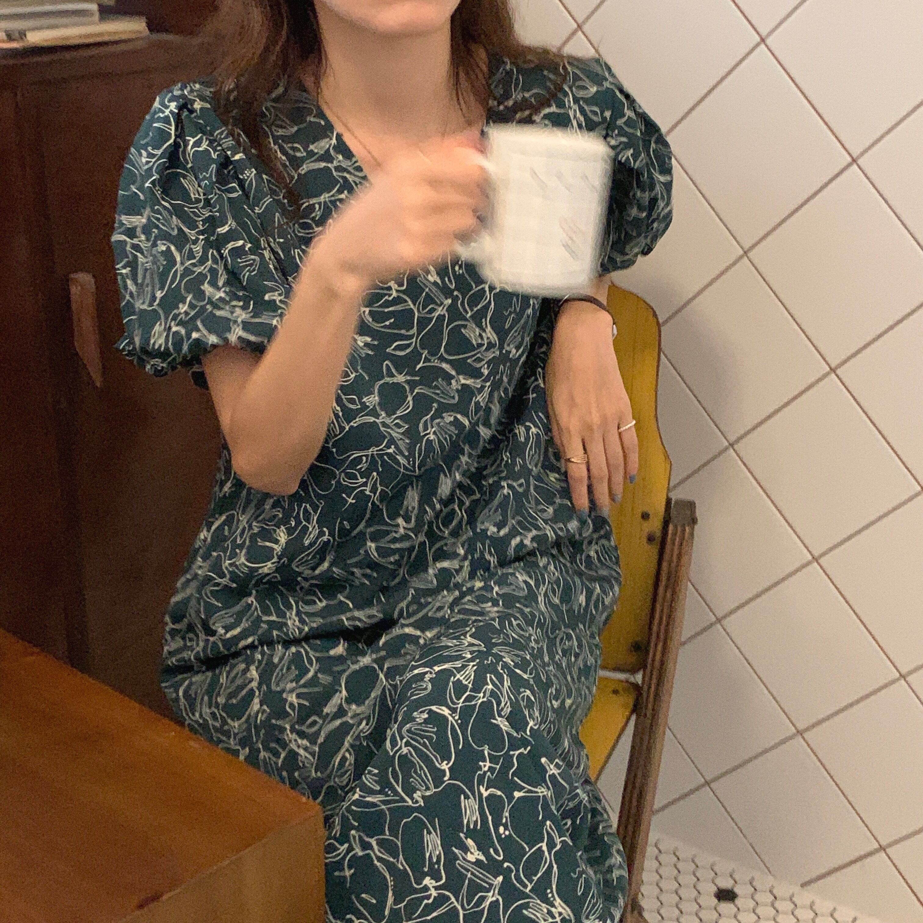 スリットVネックフローラルドレス サマースタイルルーズ薄手スリーブ 夏物 花柄 ビッグFスモールZ韓国58503518316