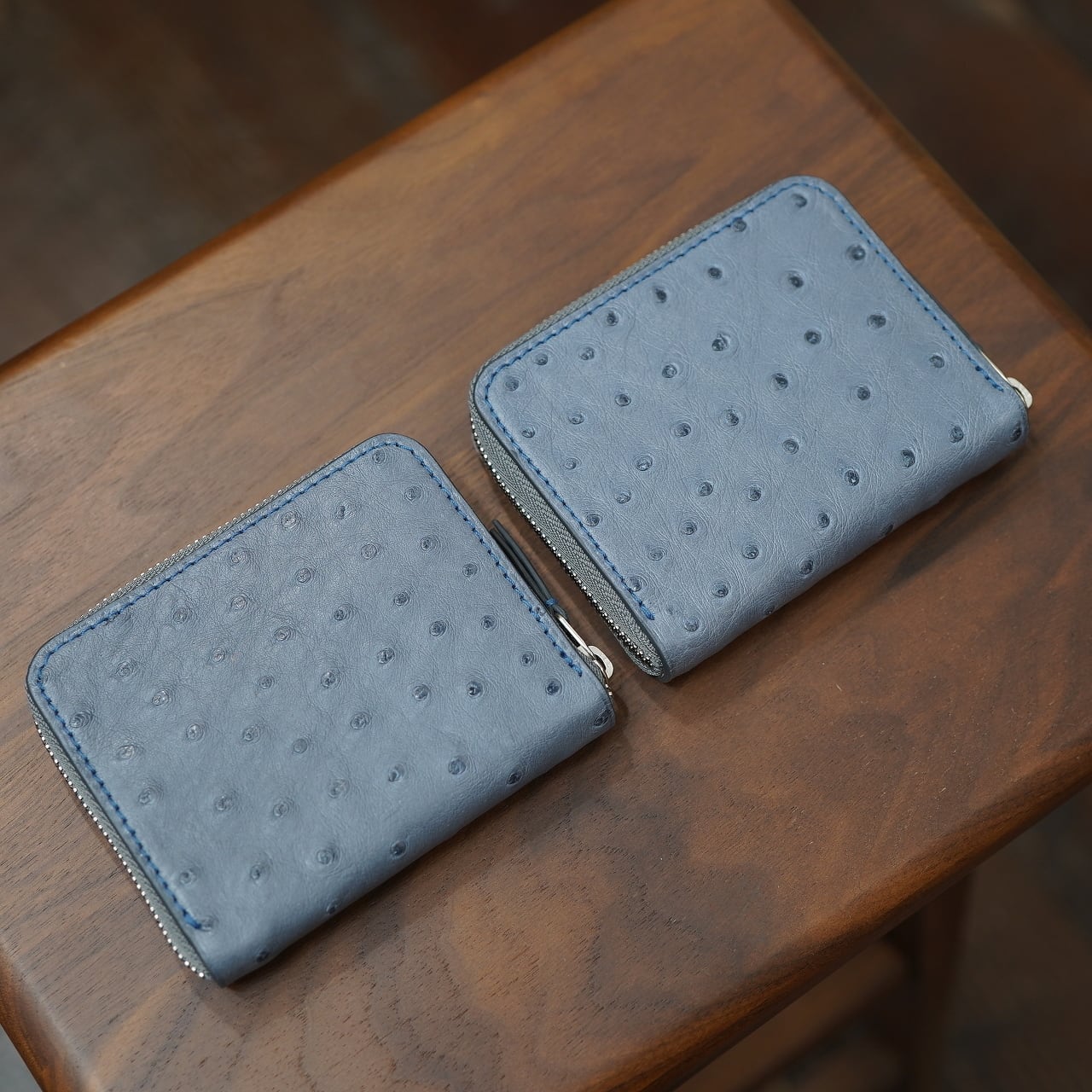 カンダミサコ ポケットウォレット オーストリッチ ブルージーン・キャメル