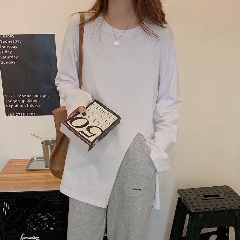 オータムホワイトTシャツ シャツ トップス ルーズ ロング 秋物 YY-ファッション31996441393