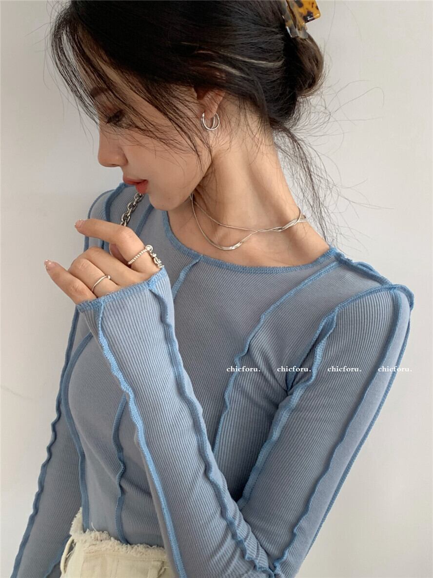 ニッチスリム長袖ニットTシャツレディース2020秋新作タイトフィットインナーベースシャツ ブラックストロベリース49498709001