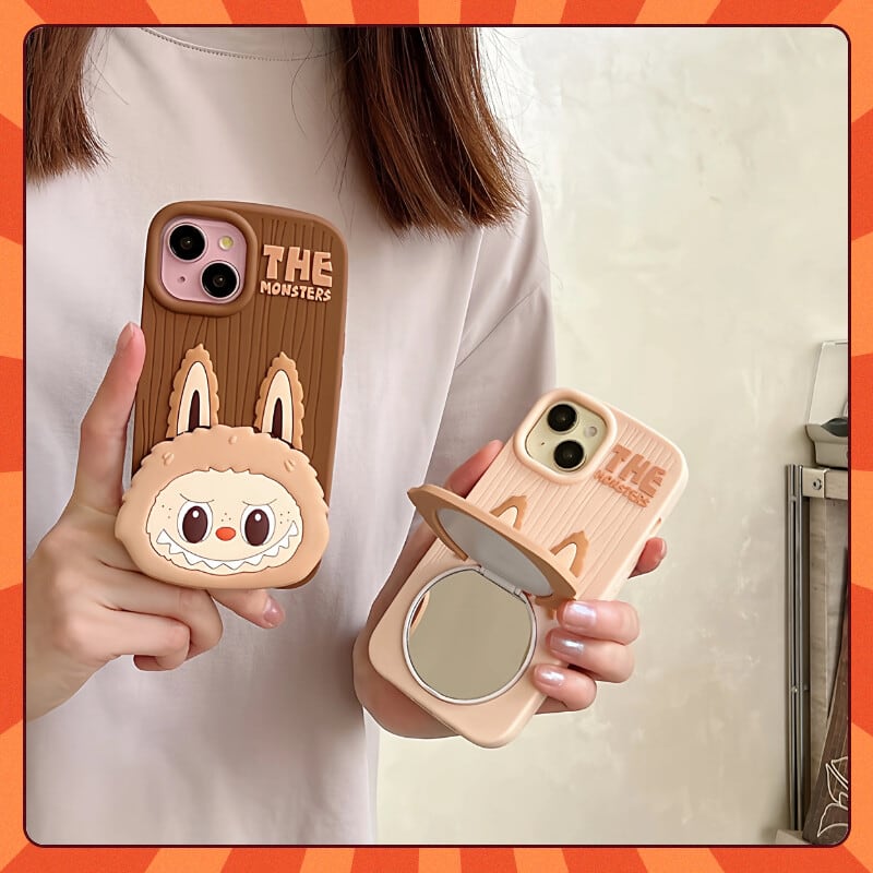 鏡付きで便利!ラブブ フリップケース おとぎ話の樹皮デザイン iPhone対応 ソフトシリコン素材 手触り良く しっかり落下防止 ギフト プレゼント