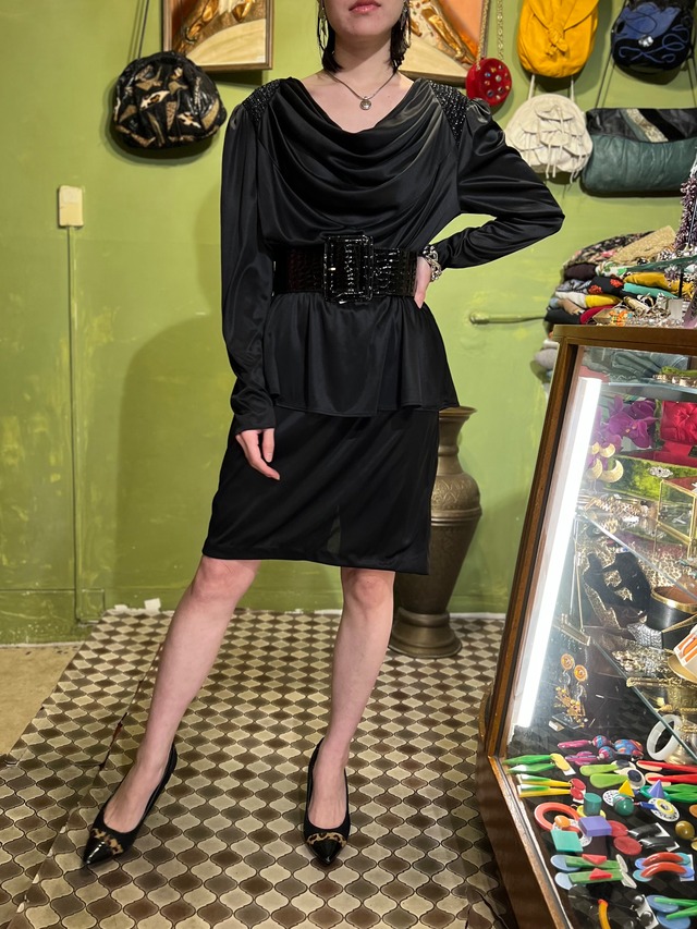 80s black × lame peplum dress ( ヴィンテージ ブラック × ブラック ラメ ペプラム ワンピース )