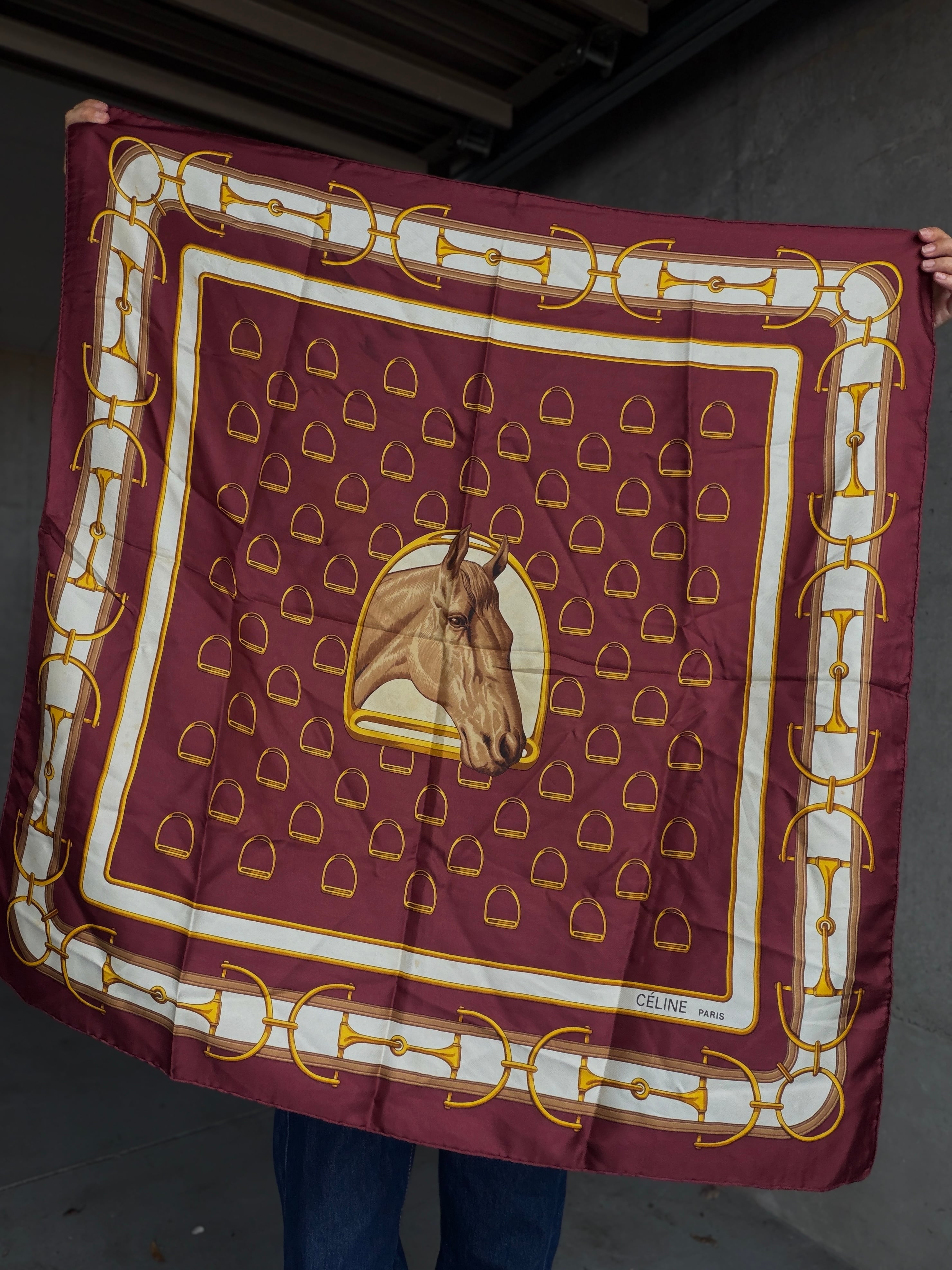 (AC1136)CELINE horse pattern silk scarf made in France