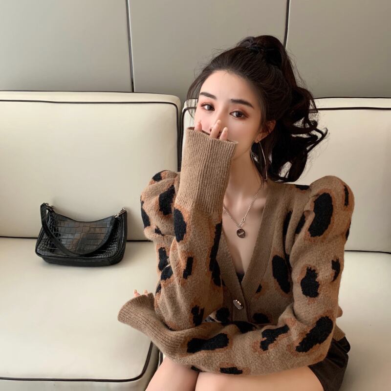 スタンダードレオパードニットセーター カーディガンジャケット レディースオータムウィンタールーズショート長袖スリーブトップス ロング レトロ 秋物 冬物 ブラックストロベリース81213756407