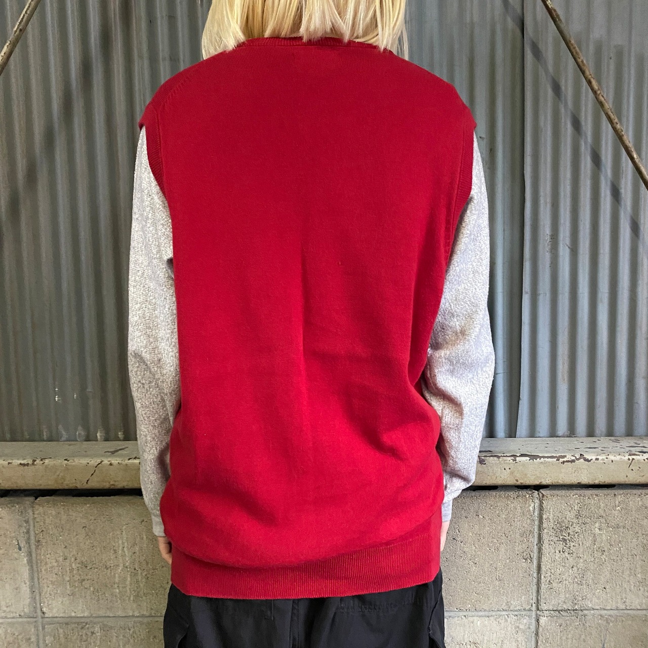 CHAPS チャップス コットンニットベスト メンズM 古着 レッド 赤 V 