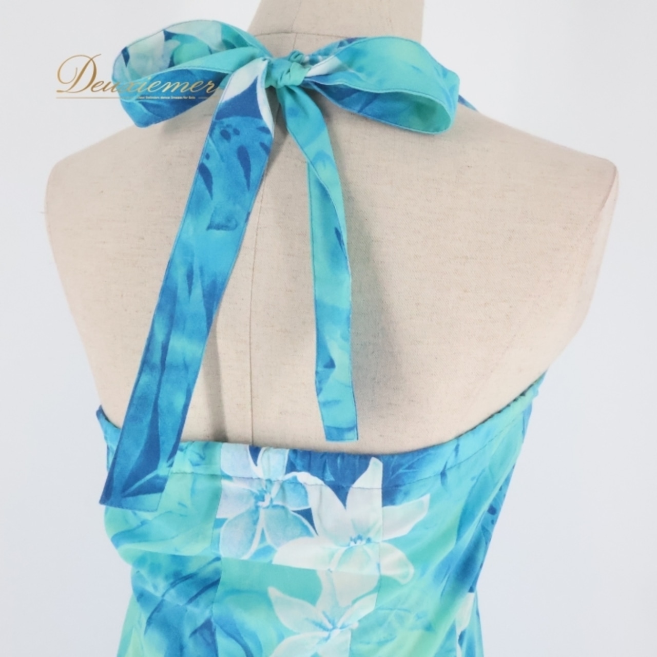 フラダンス 衣装 ワンピース ドレス マーメイドライン エムエムジェイ ブルー系 MermaidLine MMJ 日本製 ホルターネック ワントーン かわいい 華やか 鮮やか 明るい 青 ハワイアン アロハ ハワイアンプリント フラ ダンス レッスン 練習