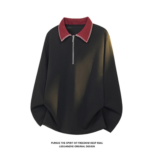 【BIGEMANシリーズ】★POLOシャツ★ 3color 長袖 トップス ユニセックス メンズ 大きいサイズ 配色 黒 白 灰