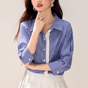 配色フリルチェック七分袖シャツ ・75182 配色フリルチェック七分袖シャツ ・75182