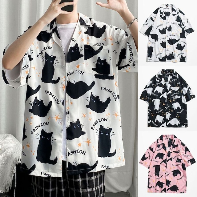 ユニセックス シャツ 総柄 猫柄 ねこ プリント 半袖 オーバーサイズ ルーズ カジュアル 男女兼用 韓国ストリート系ファッション メンズ レディース TBN-800988746575