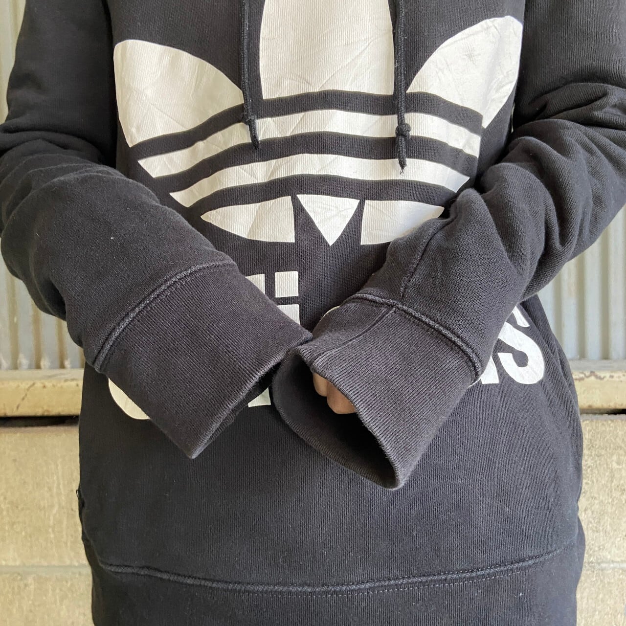 古着 adidas Originals アディダスオリジナルス トレフォイルロゴ 長袖 スウェットパーカー L ブラック レディース adidas Originals アディダスオリジナルス トレフォイルロゴ 長袖