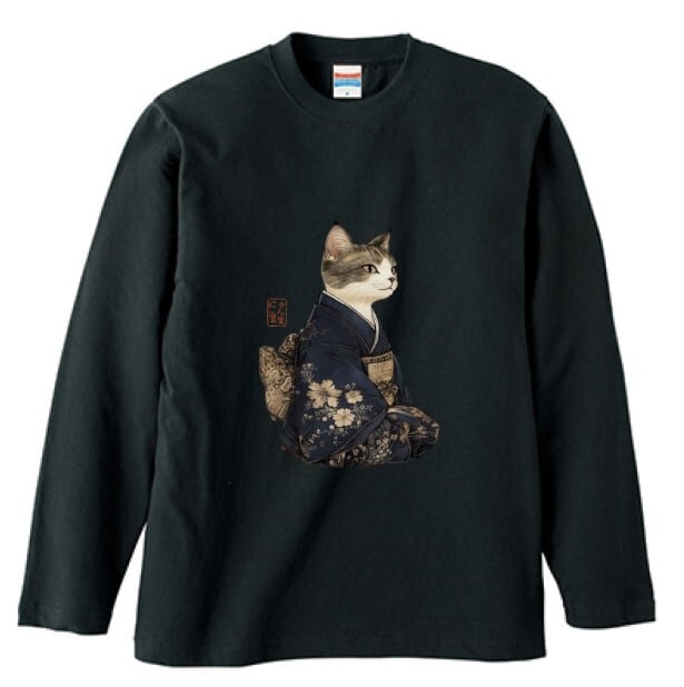気高き和猫 肖像画 ロンT リブなし/ Noble Japanese Cat long sleeve T-shirt」