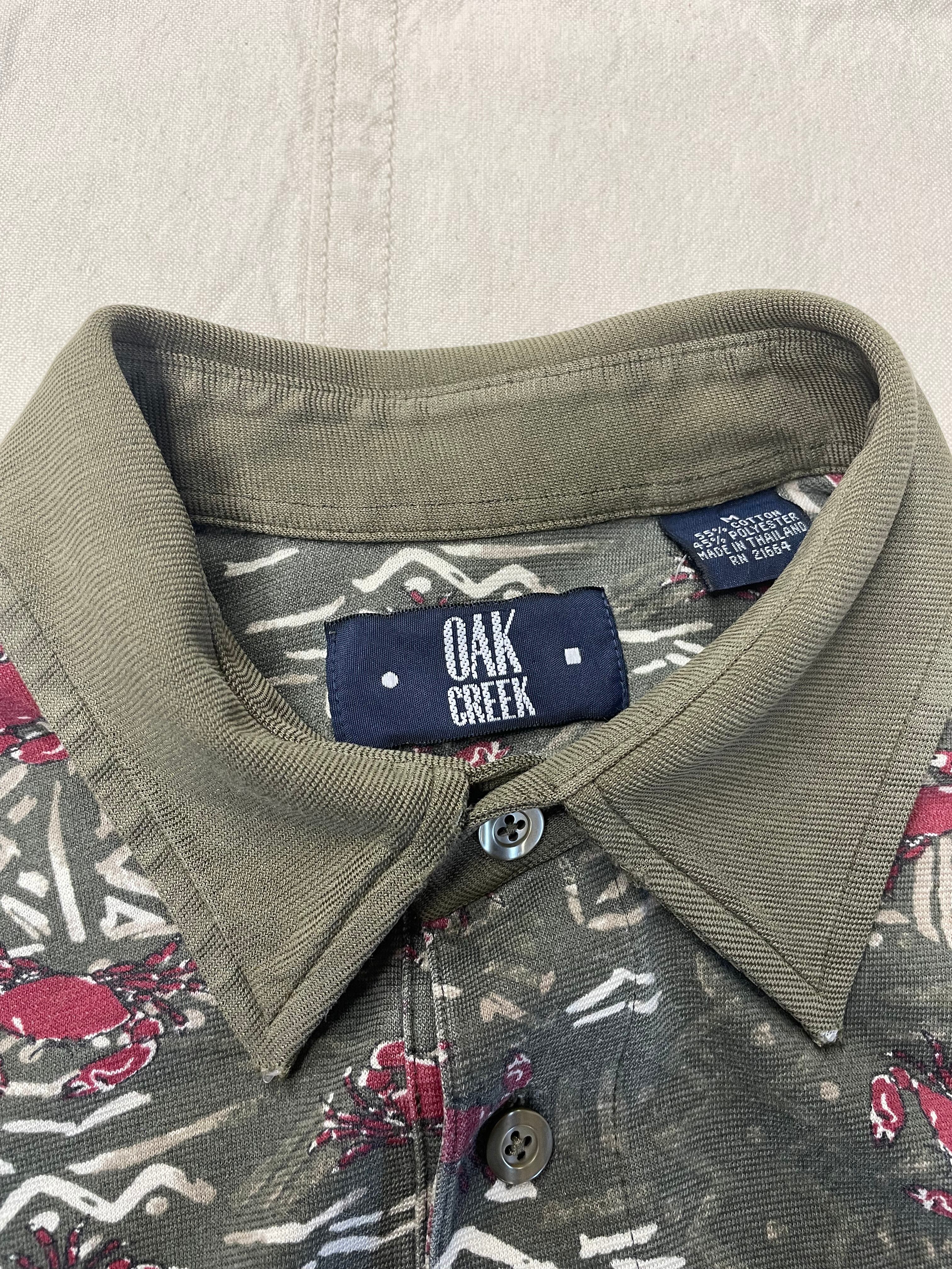 90s〜古着OAK CREEK 蟹総柄 ポロシャツ 民族調 カーキ オリーブ