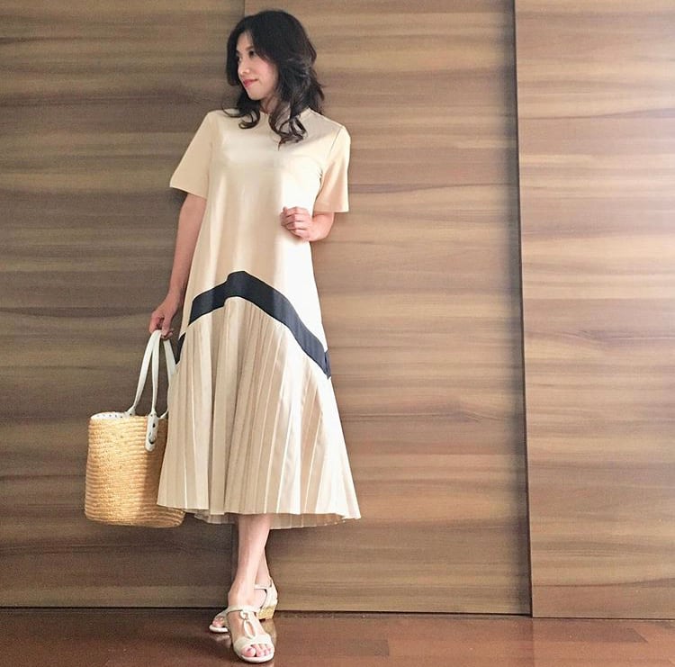 ワンピース プリーツ 半袖 ロング丈 バイカラー モード カジュアル