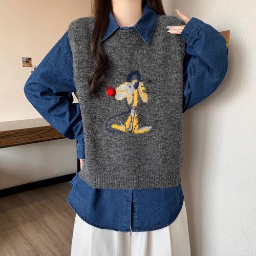 【2点セット】デニムシャツ＋モチーフジャガードニットベスト ・74153