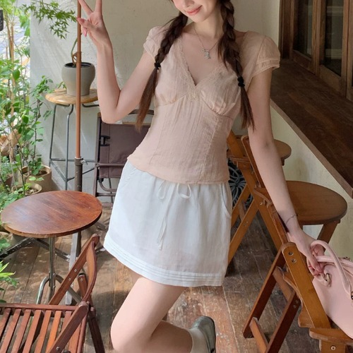 バックリボンレースVネックパフスリーブトップス ・77873