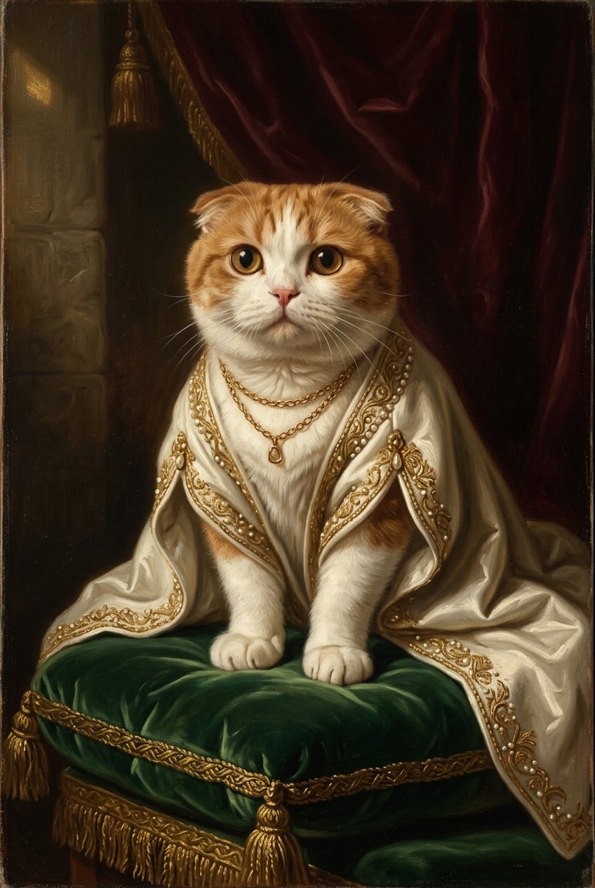 猫（スコティッシュフォールド）のルネサンス風肖像画 A4金縁額装