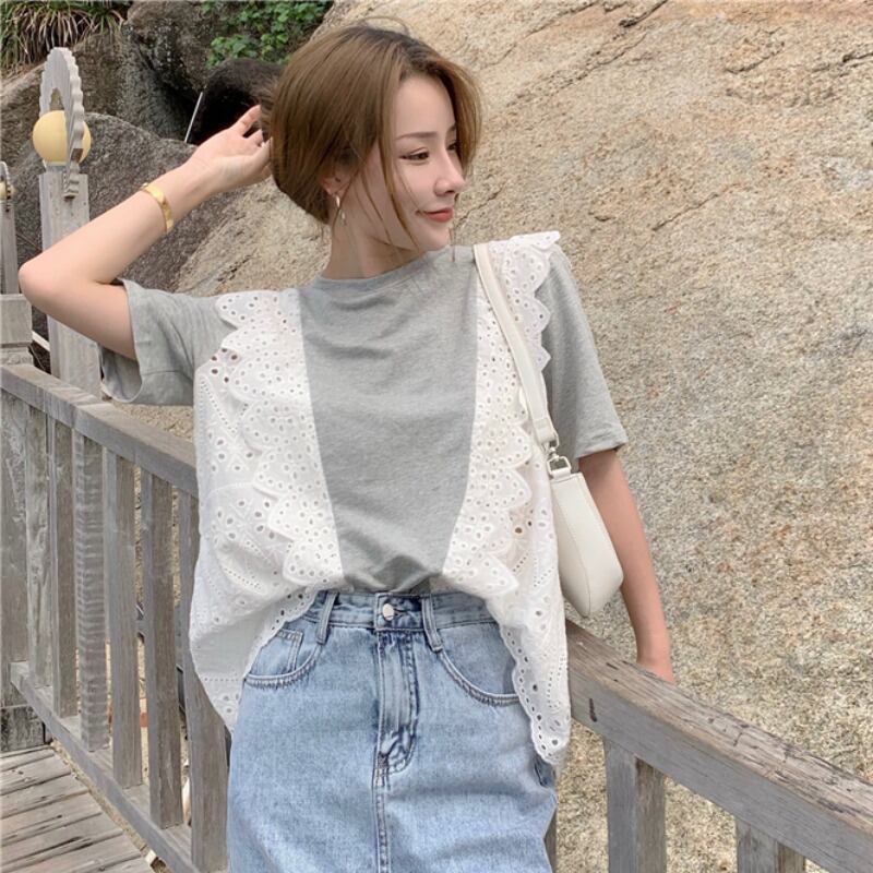 サマースタンダードレースルーズTシャツ トップス レディース レトロ 夏物 ステッチ ハンチェンe66489643586