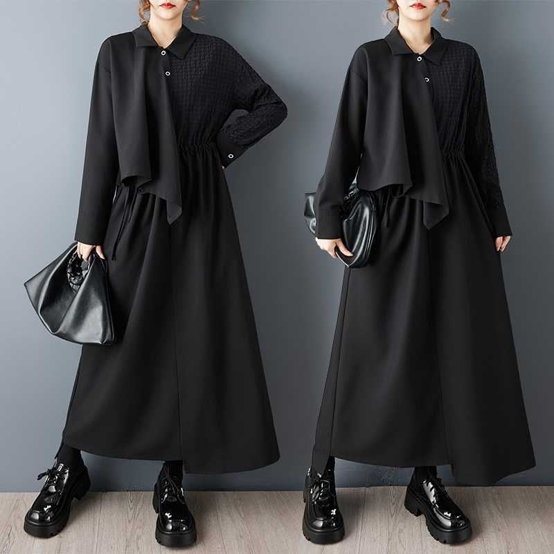 BLACK ASYMMETRIC DESIGN LONG SHIRT DRESS 1color M-15805