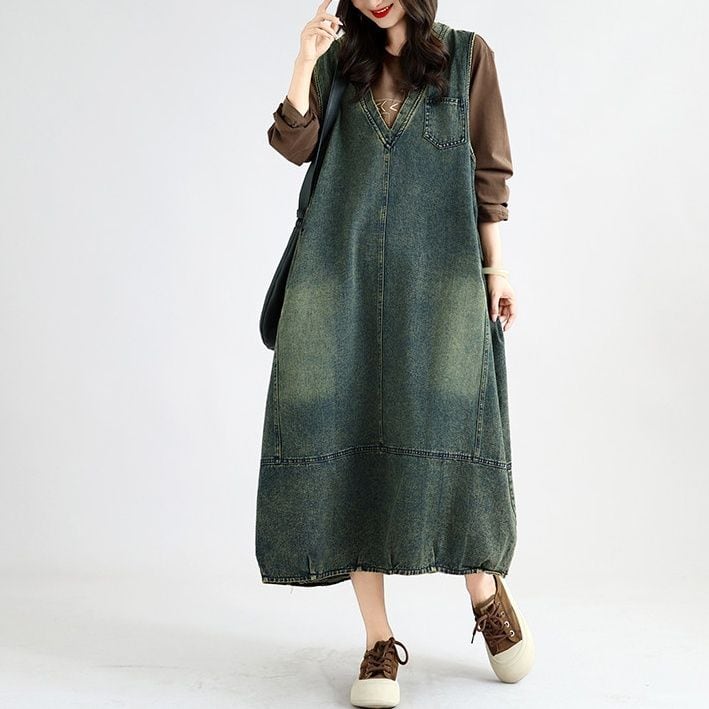 V-NECK FADED SLEEVELESS RELAXED MIDI DRESS M-18430