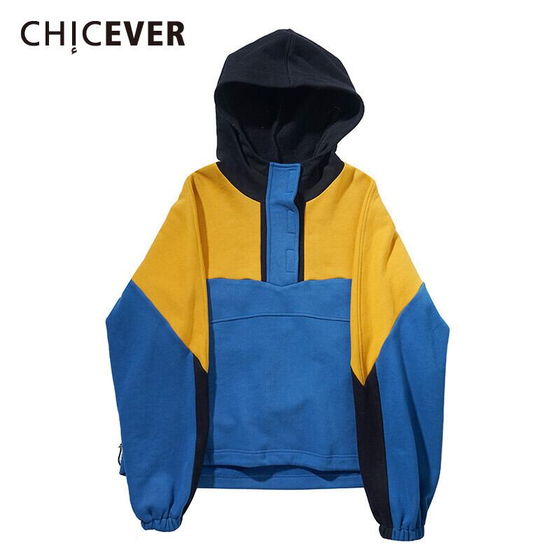 CHICEVER冬のスウェットシャツ女性フード付き襟長袖パッチワークヒットカラーニットプルオーバー厚い2020 ロング ウィンター 冬物 6base592340002885