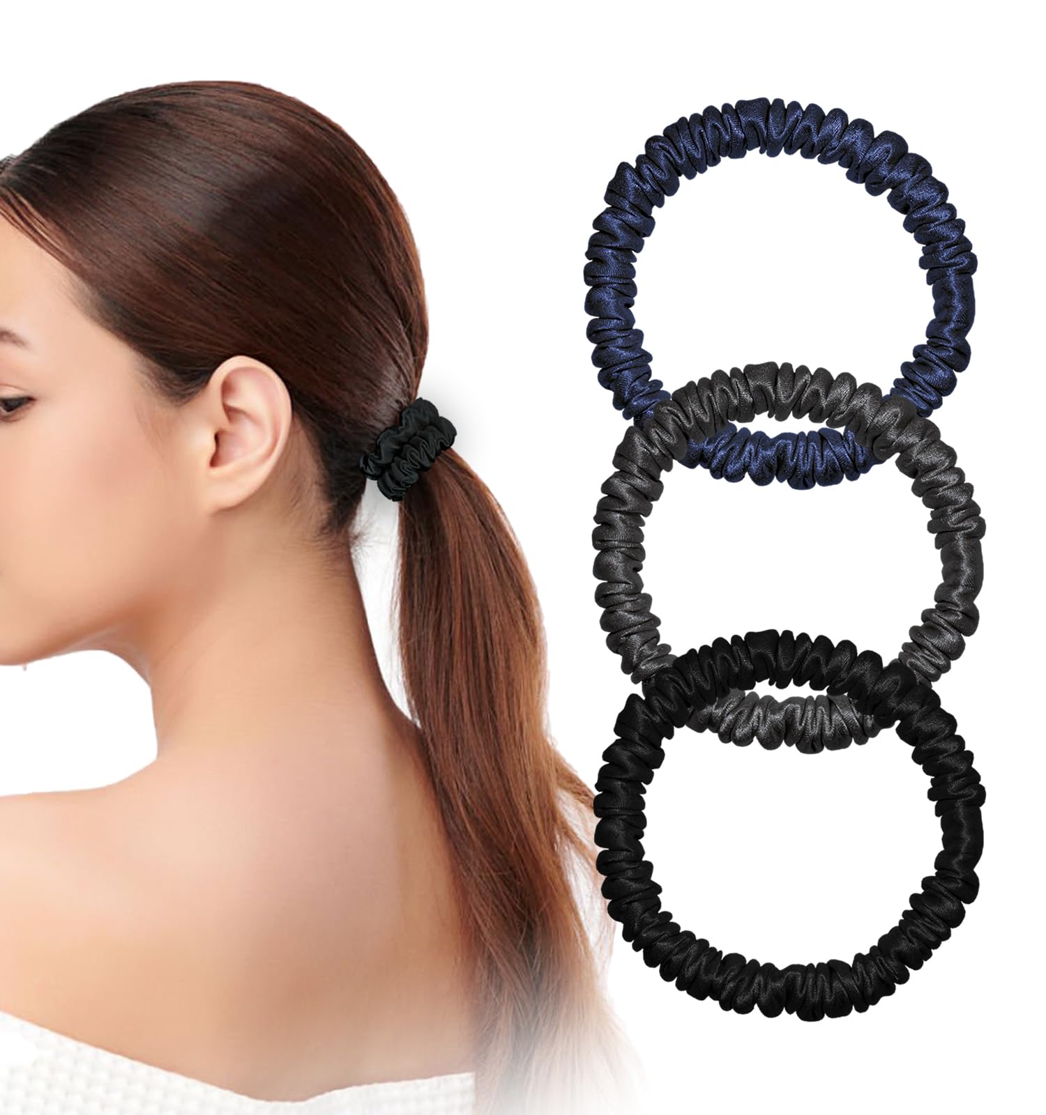 【在庫処分】シルク ヘアゴム 3個セットシュシュ 大人 おしゃれ 高弾性 100%天然シルク 6A級 ヘアゴム 跡がつかない 静電気防止 髪ゴム ヘアアクセサリー 髪飾り 女性 (ブラック・ネイビー・ダークグレー)