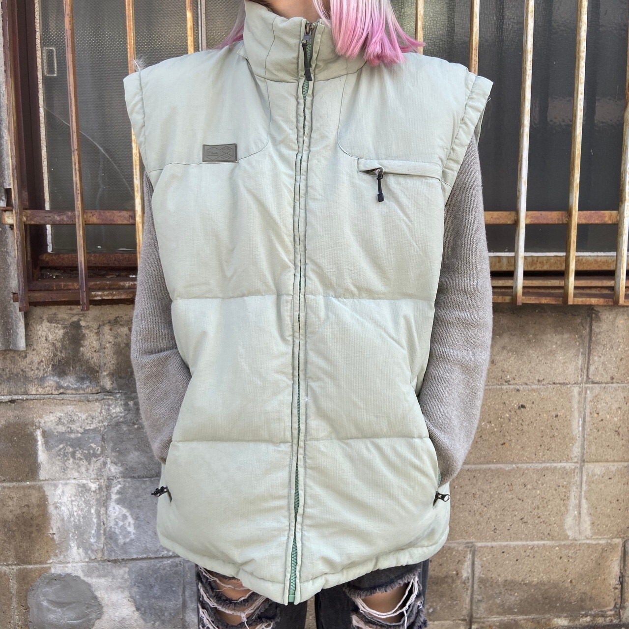 FILA フィラ F.I.S.I ダウンベスト メンズXL相当 古着 カーキグレー 
