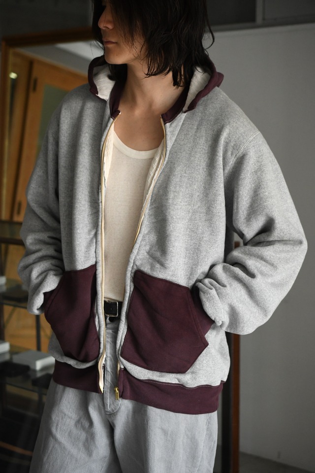 A.PRESSE / Vintage Attached Hood Zip Parka (GRAY×BURGUNDY)
