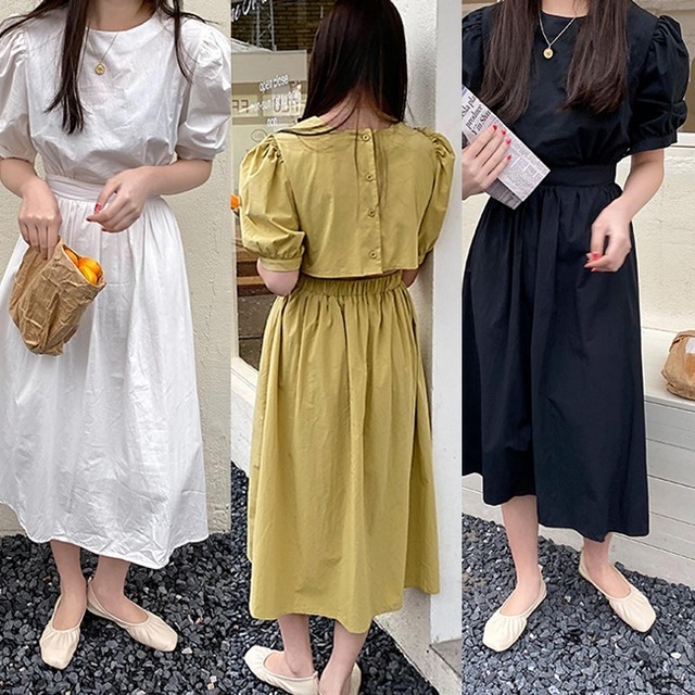 ワンピース 後ろボタン 韓国 ファッション 夏服 レディース バックシャン ロングワンピース パフスリーブ バックスタイル 背中見せ ワンピース 白 黒 イエロー フレアワンピース Vestito ワンピース 後ろボタン 韓国 ファッション 夏服 レディース バックシャン ロングワンピース パフスリーブ バックスタイル 背中見せ ワンピース 白 黒 イエロー フレアワンピース Vestito