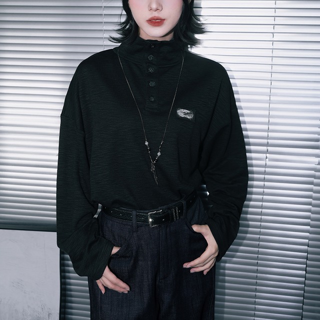 【古怪舍---鯨落シリーズ】★チャイナ風トップス★ Tシャツ 長袖 レディース ボタンデザイン スタンドネック