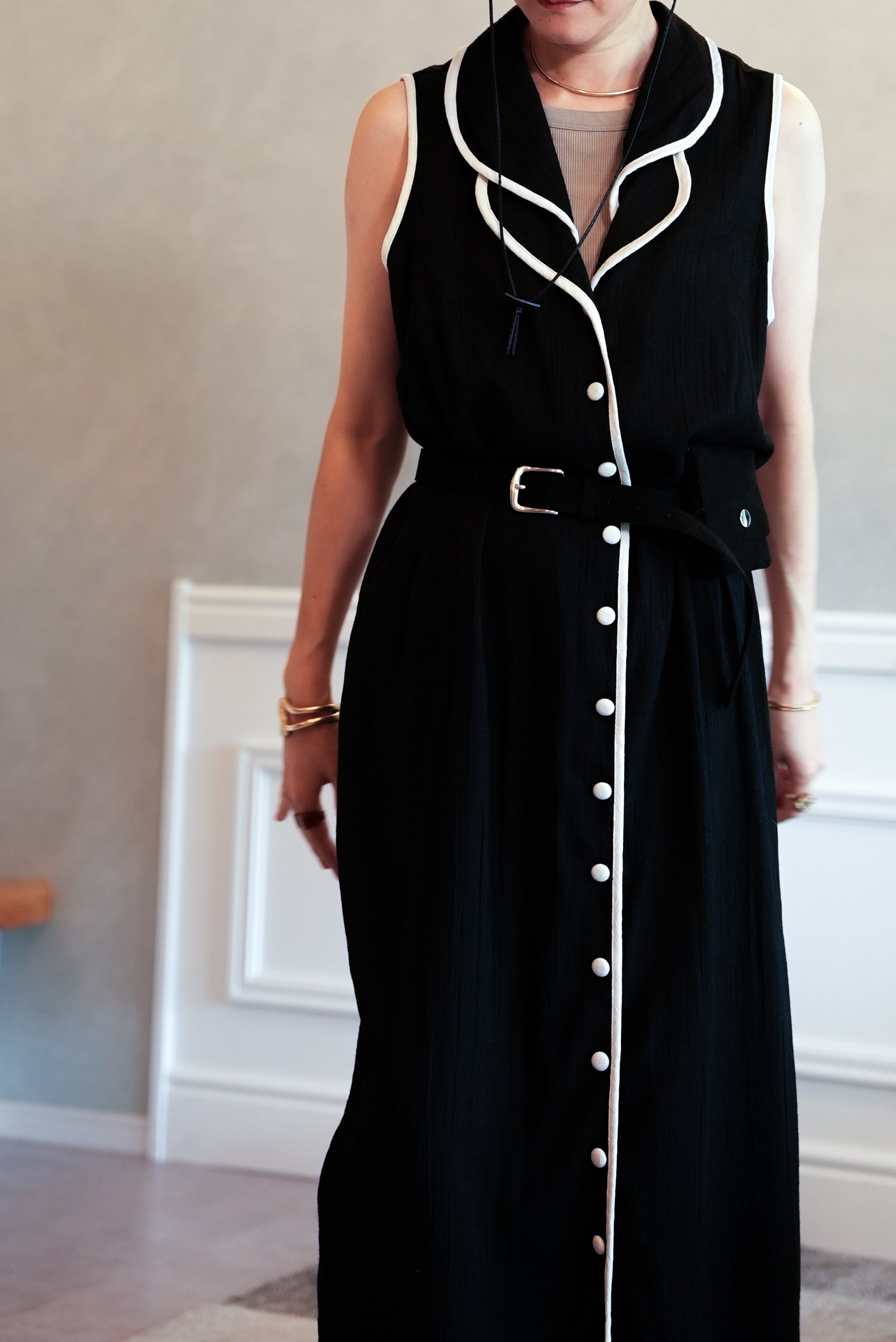 Black Piping Dress|モノトーン パイピング ロングワンピース