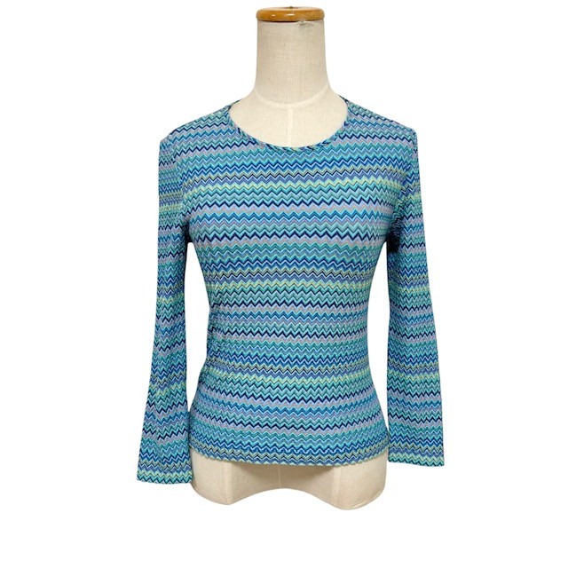 中古 ミッソーニ MISSONI 七分袖 カットソー クリーニング済み ジグザグ ブルー レディース Mサイズ 相当