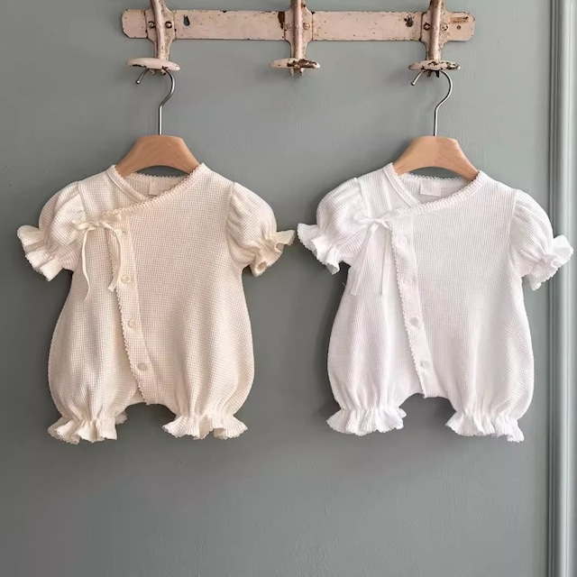 ベビー　夏新作 韓国風  女の子 綿 斜め前開き バブルスリーブ ロンパース