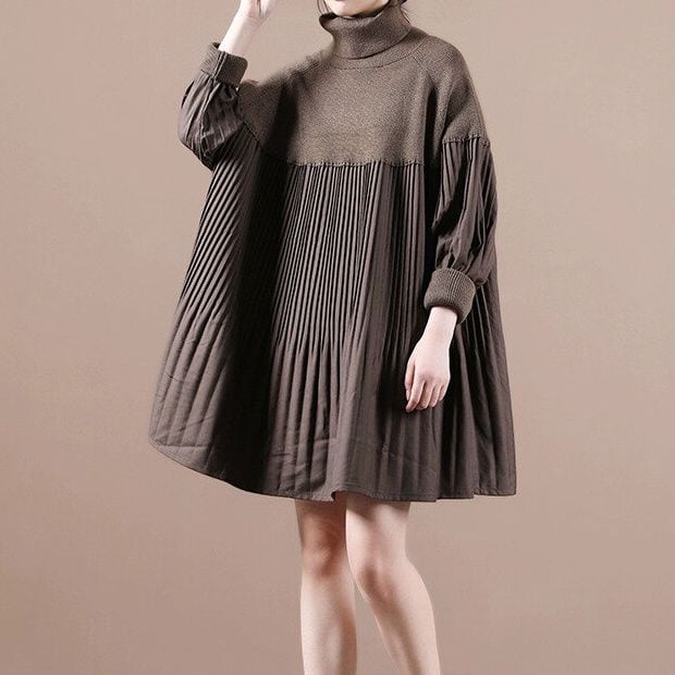 TURTLE NECK KNIT STITCH PLEATED A-LINE MINI DRESS 2colors M-15033
