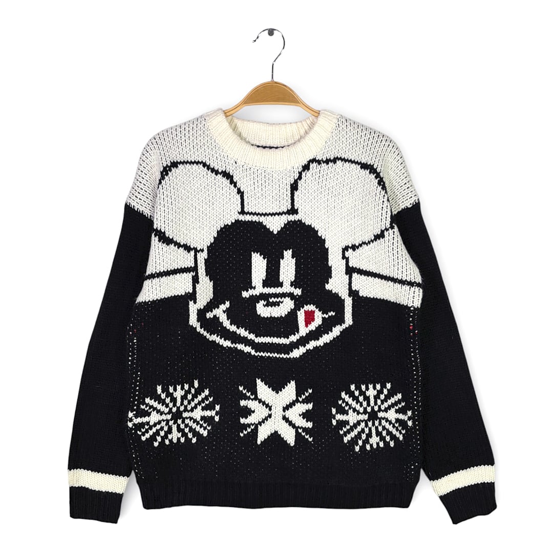 90s ミッキーマウス ヴィンテージ ジャガード アクリルセーター ディズニー 白黒 サイズL相当 古着 CH1110