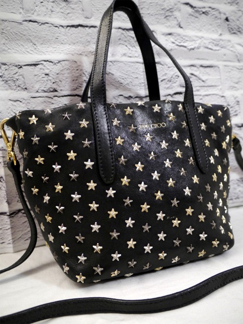 美品★JIMMY CHOO ジミーチュウ MINI SARA ミニサラ ☆スタッズ 2way クロスボディ レザー トート バッグ 黒★ 斜め掛け可能な定番モデル♪