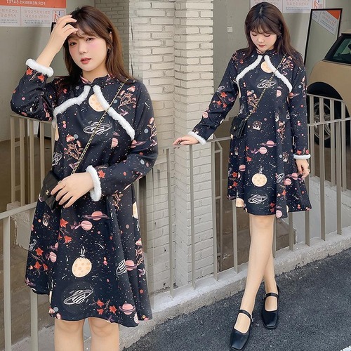大きいサイズ レディース 秋冬 チャイナ　ワンピース 長袖　可愛い　ファー