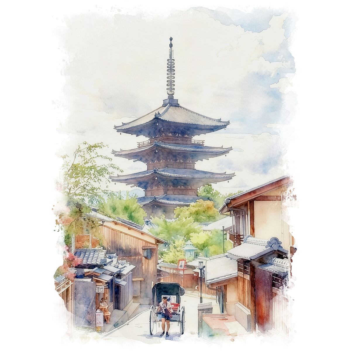 絵画(風景画) 日本 京都 人力車と八坂の塔 インテリアアート額付き 水彩画・油絵風 WAT0770