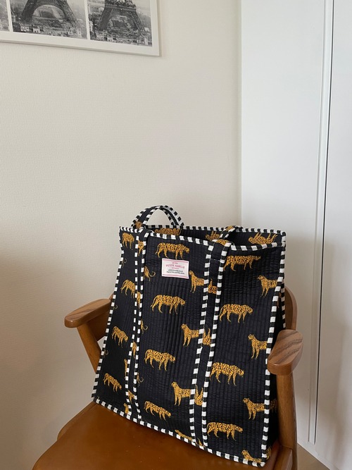 【即納】ブロックプリント オリジナルBig Tote Bag　チーター柄　インド綿　マザーズバッグ