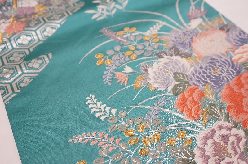 唐織り 牡丹 花柄 袋帯 金銀糸 青緑 エメラルドグリーン 219 | kimono
