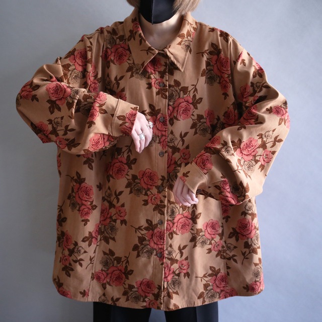 flower art full pattern over size  wide silhouette fake suede shirt jacket