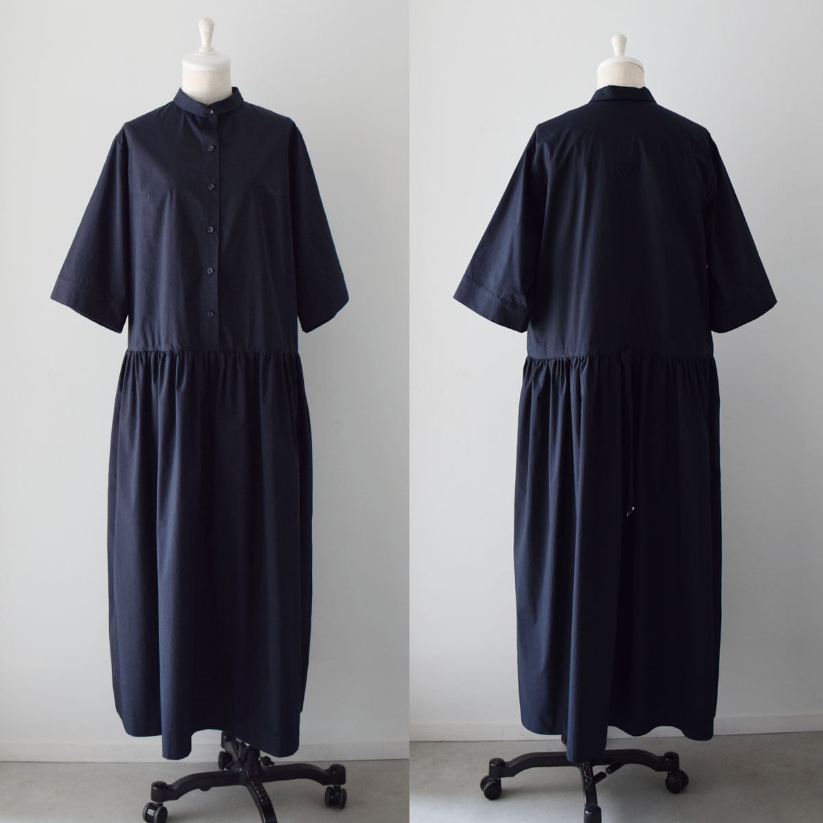 七分袖切替ギャザーロングワンピース：黒［OP33HSBK］ | skep-online shop