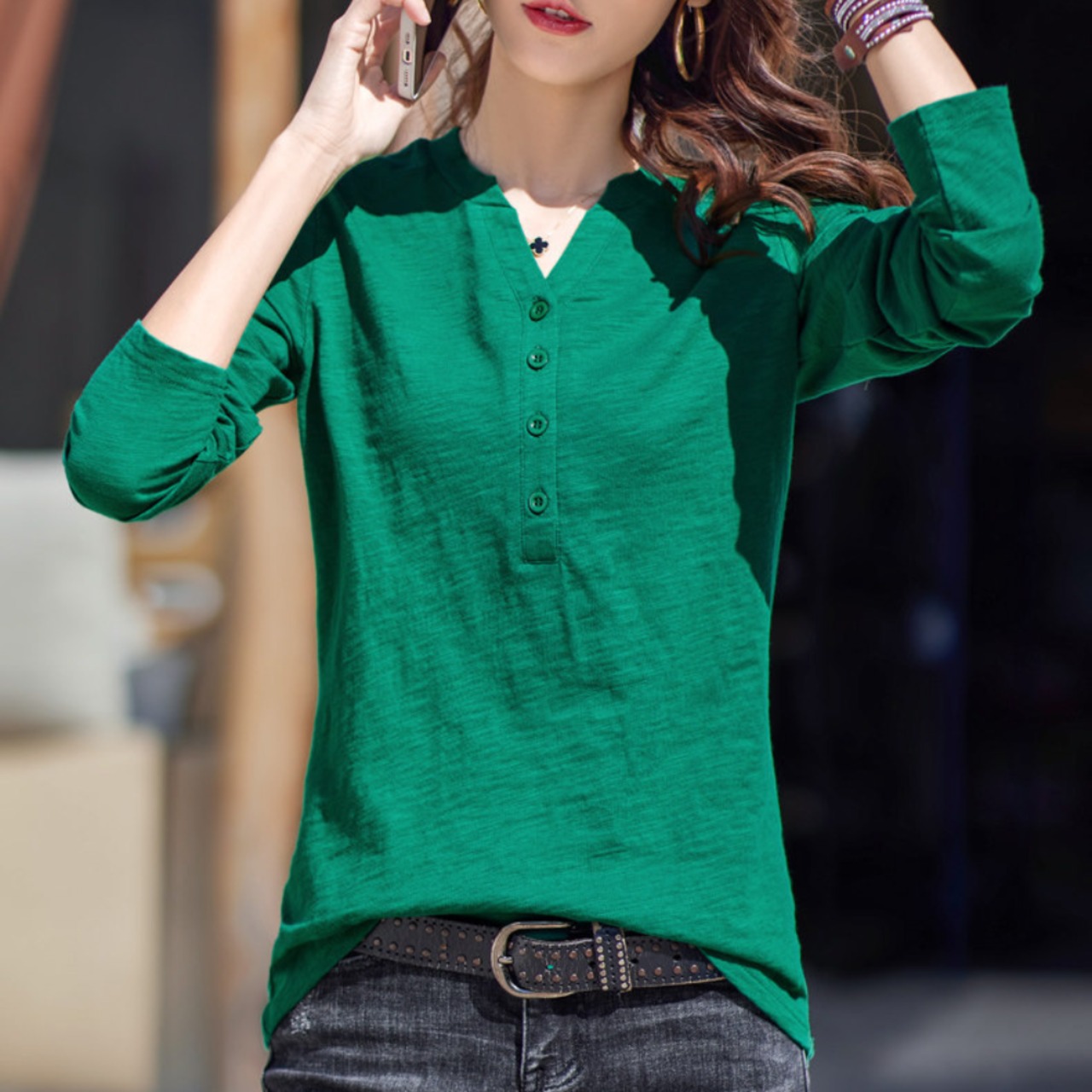 バンブーコットン Vネックボタンフロントシャツ 4color W01423