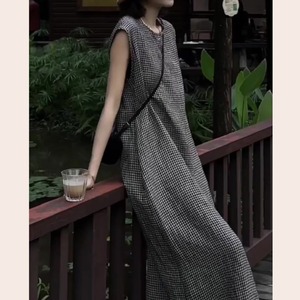 フレンチスリーブチェック柄ロングワンピース A00495