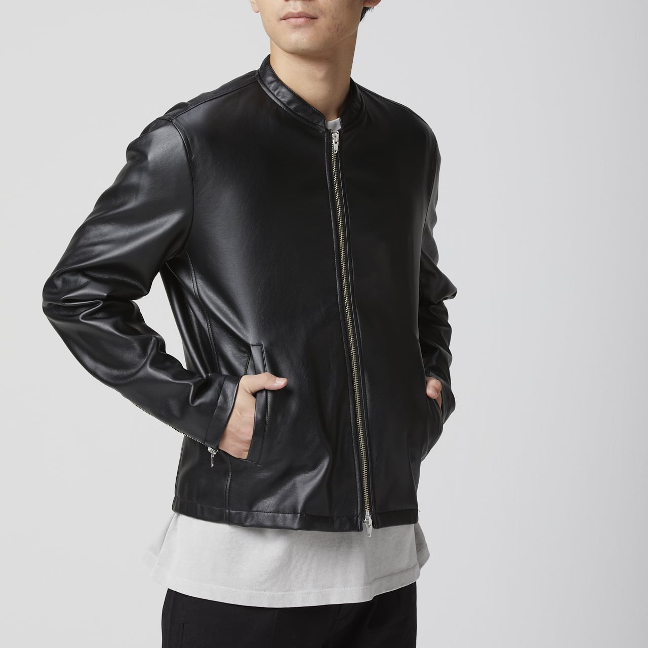 MEN ブルゾン シングルライダースジャケット フェイクレザー ブラック