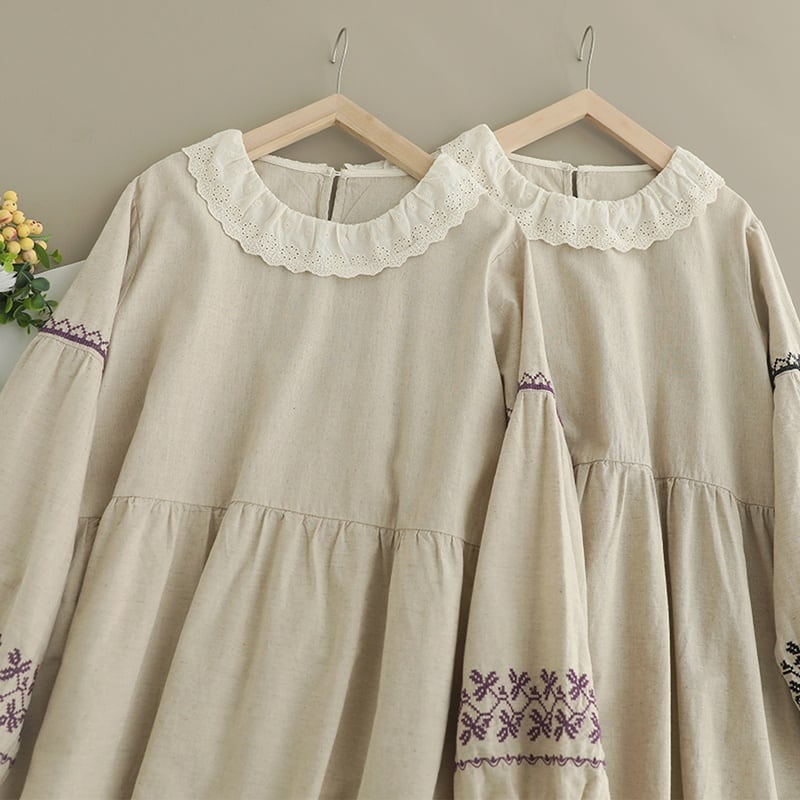 レースカラーパフスリーブ刺繍リネンワンピース W0509 | Wild❁Garden