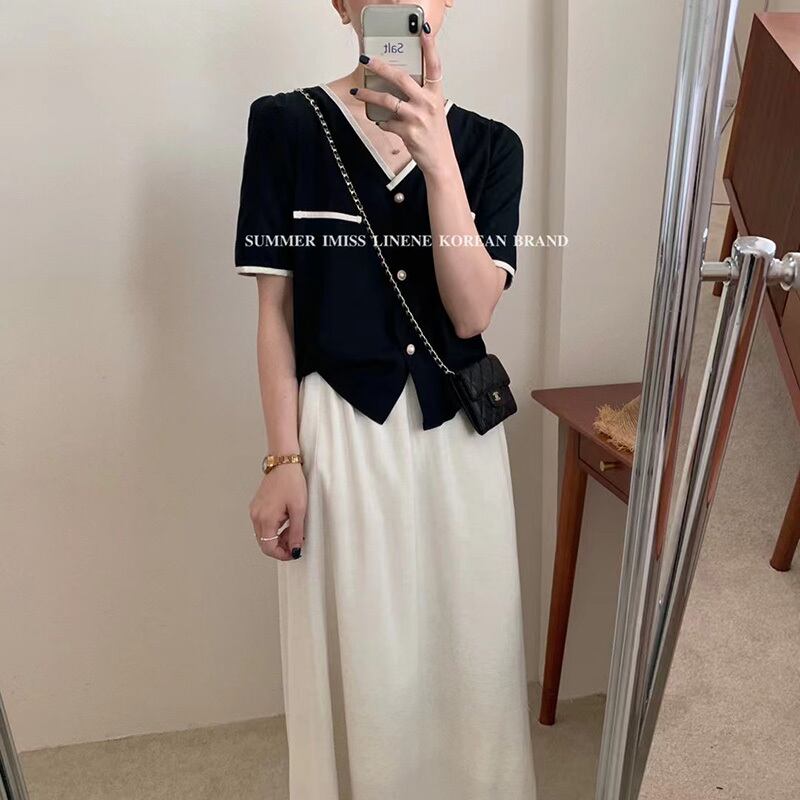 トップス サマースリム半袖スリーブ薄手Vネックシャツ ショート ハーフスリーブ 夏物 ビッグFスモールZ韓国66246875524