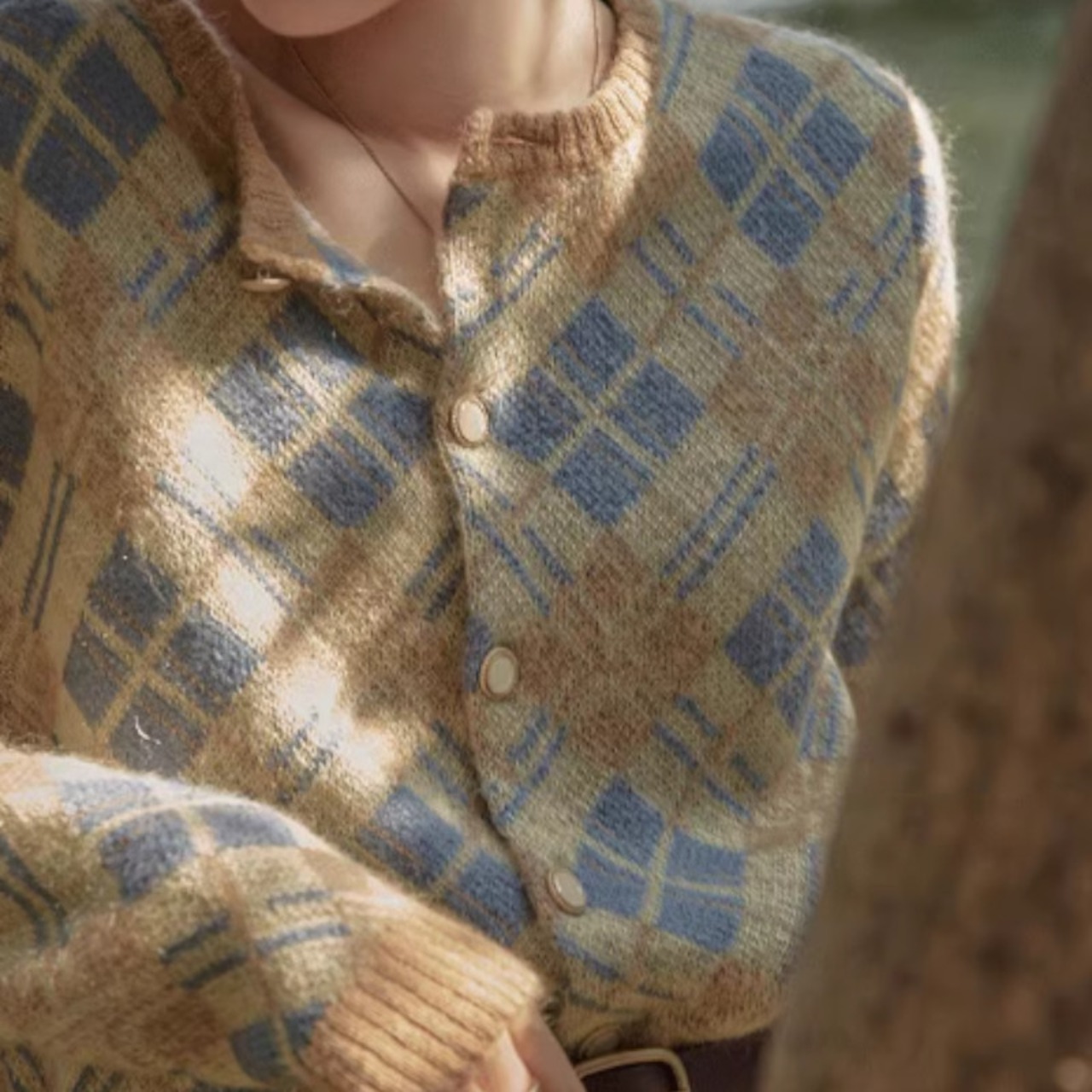 ラウンドネックアーガイルチェック柄カーディガン W00769